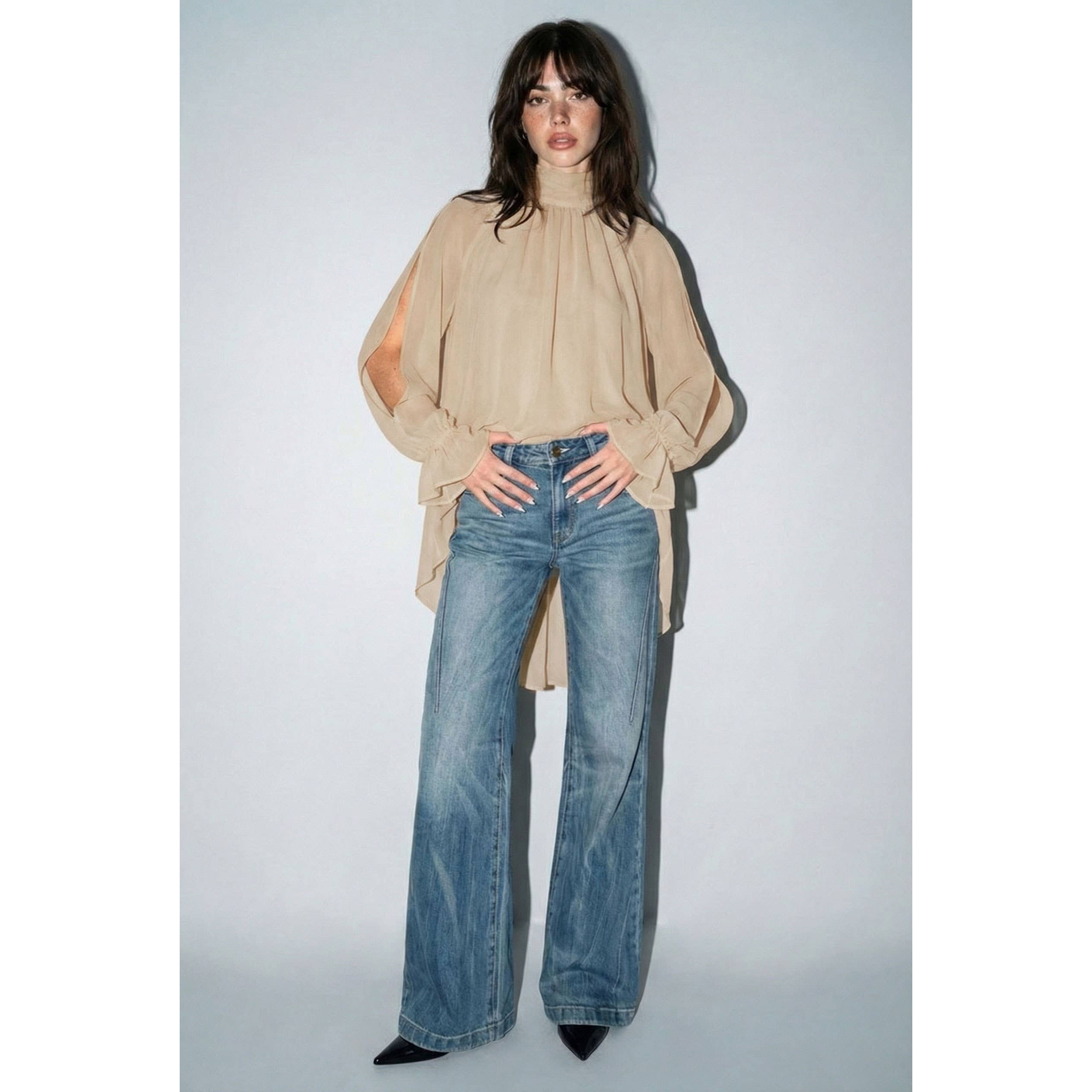 Chiffon Cold-Shoulder High-Low Top