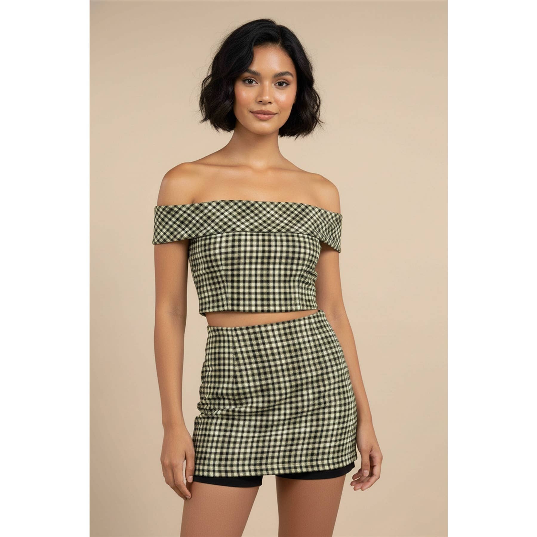 Gingham Off-Shoulder Mini Set