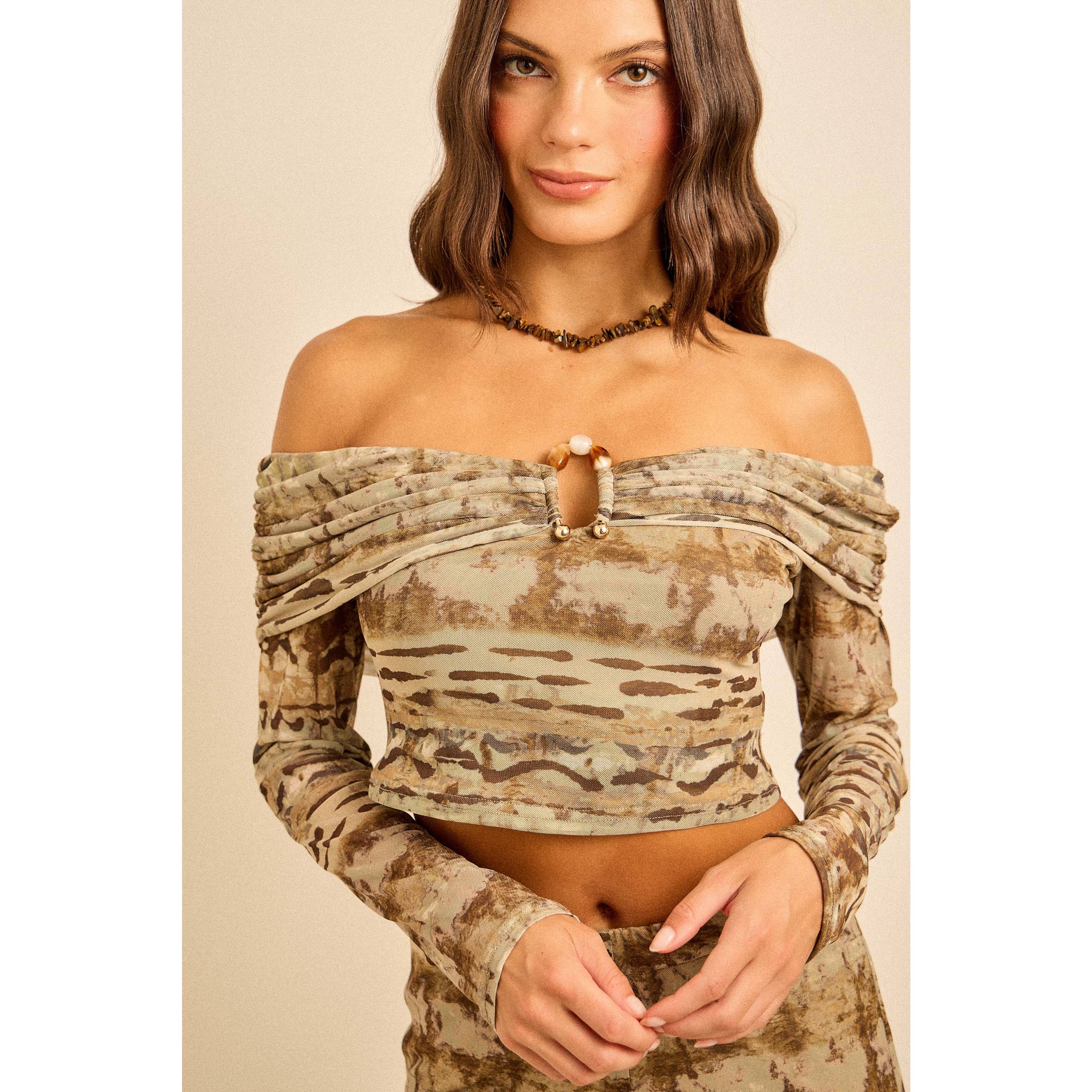 Spring Off shoulder mesh set with flared pants