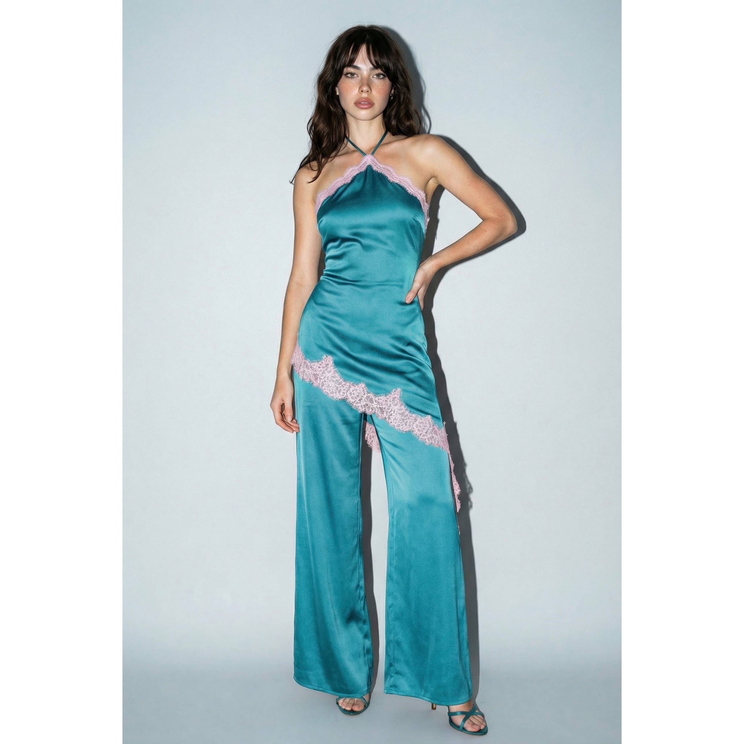 Contrast Lace Trim Satin Halter Jumpsuit