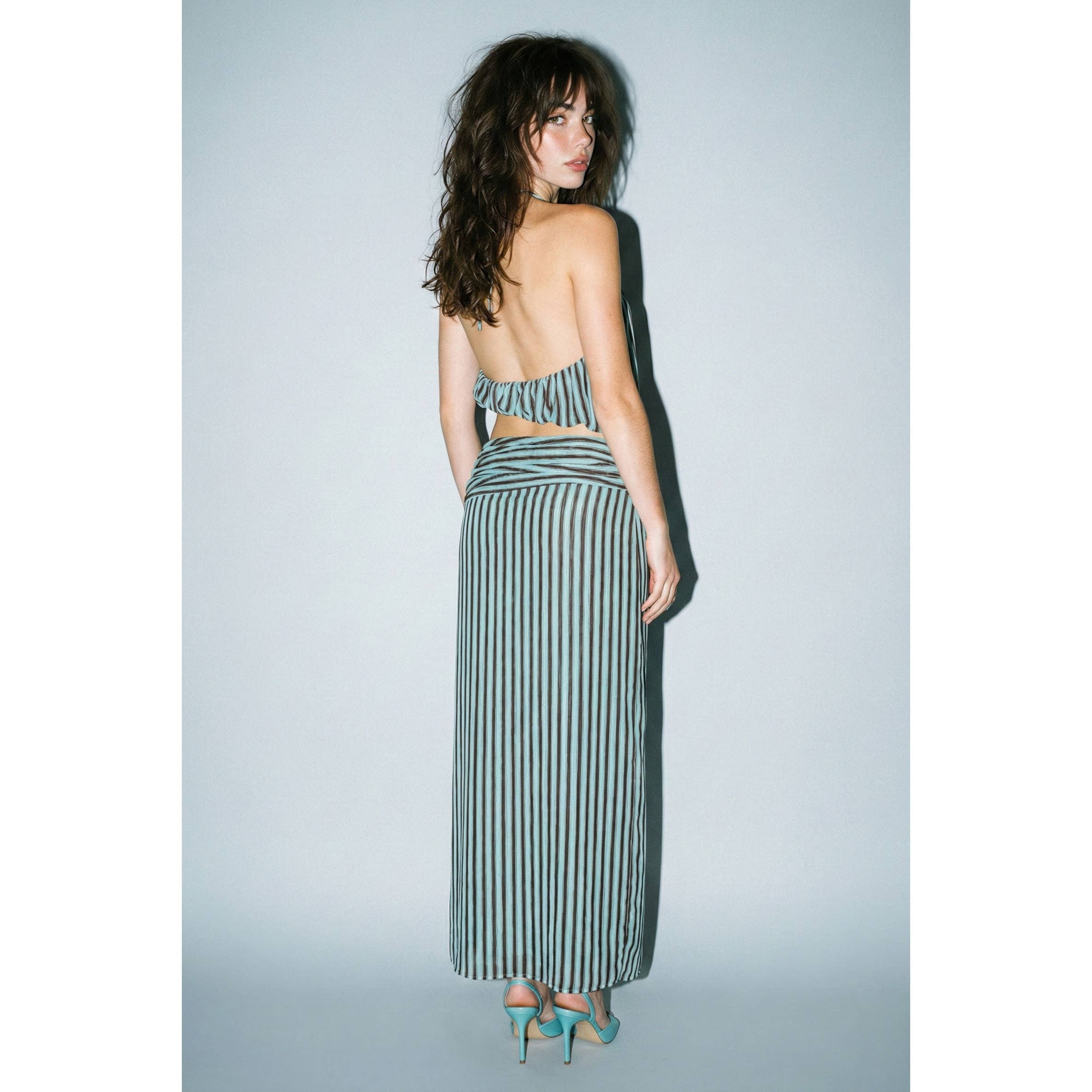 Striped Halter & Ruched Maxi Skirt Set