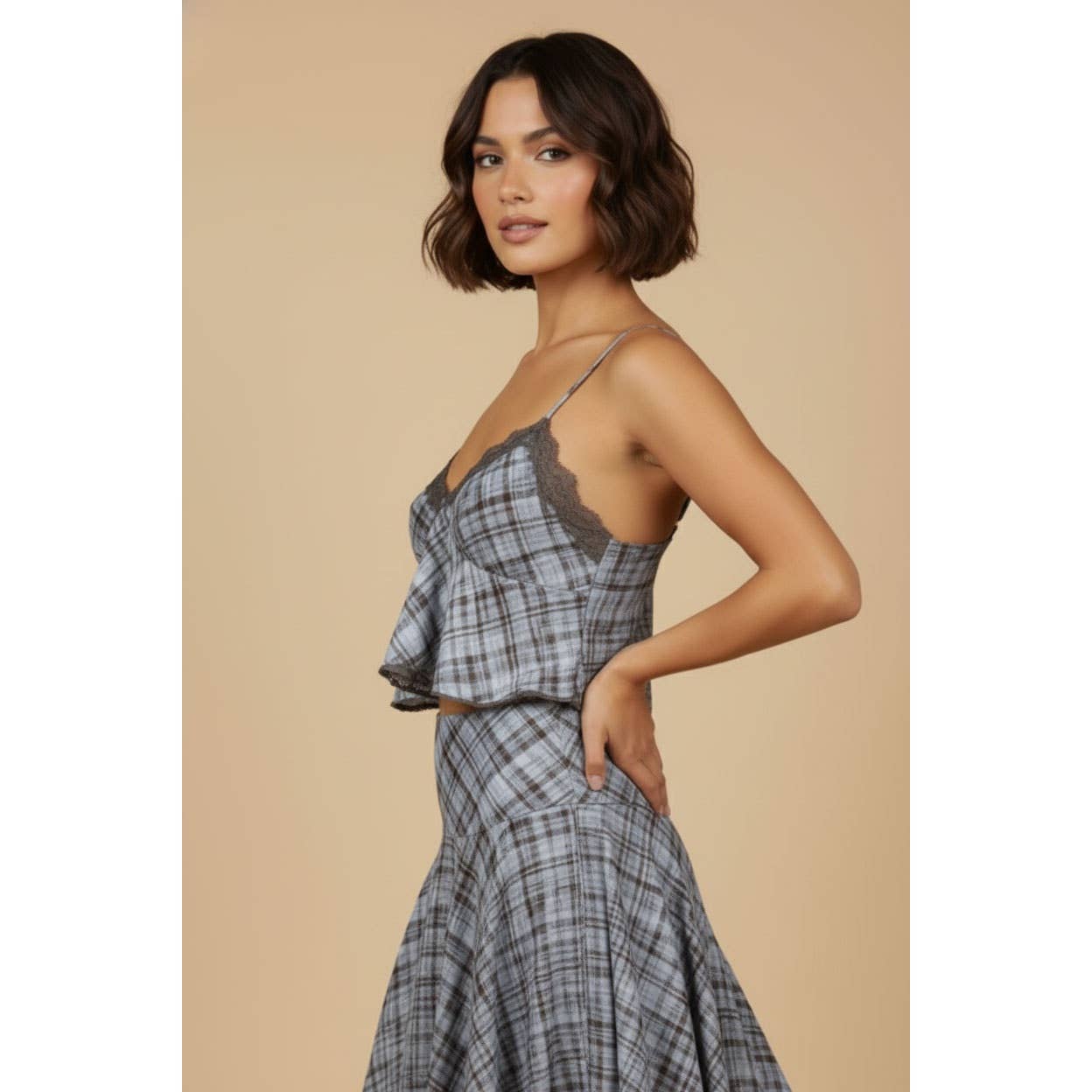Plaid Lace Trim Top and Midi Skirt Set