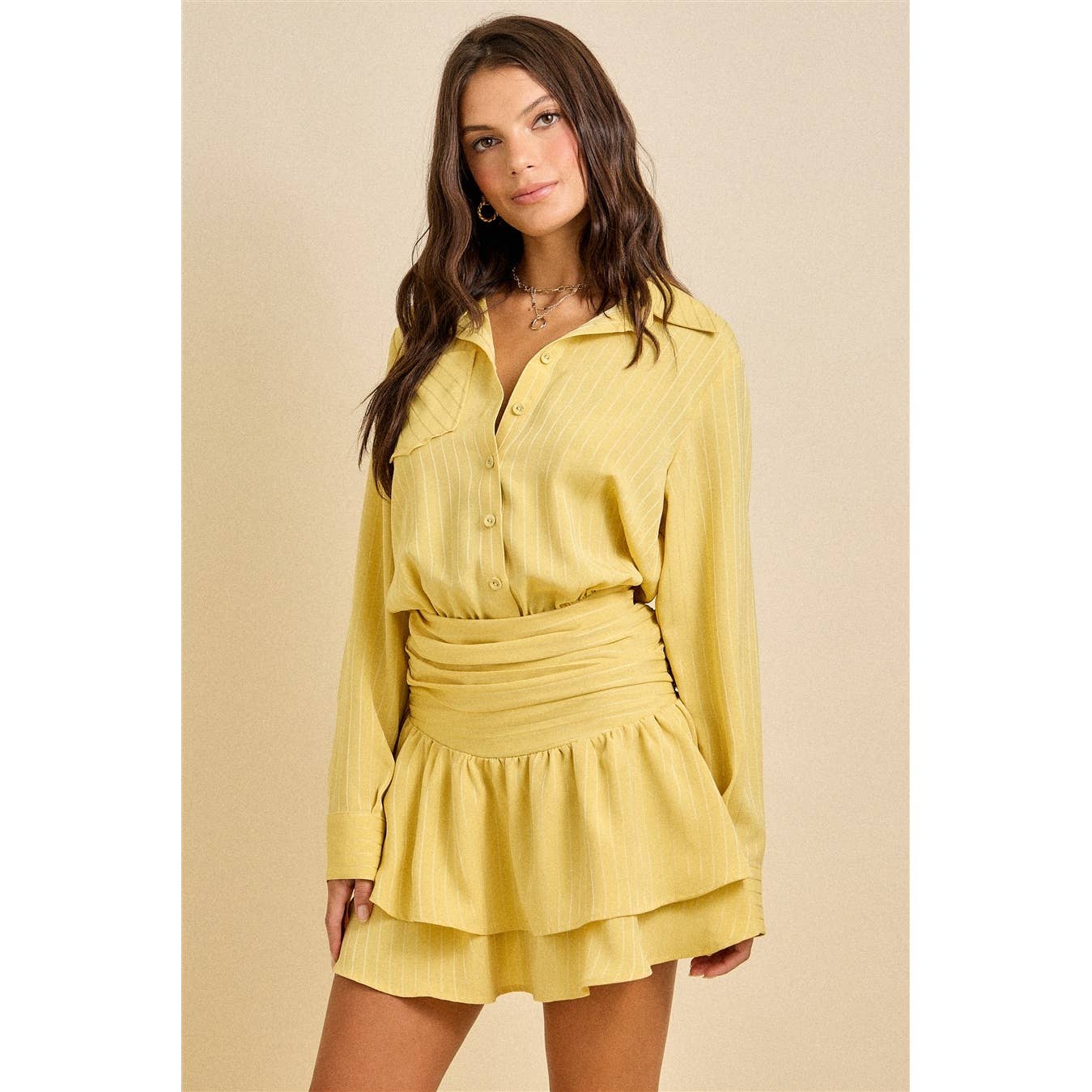 Spring Ruched Waist Ruffle Hem Shirt Dress