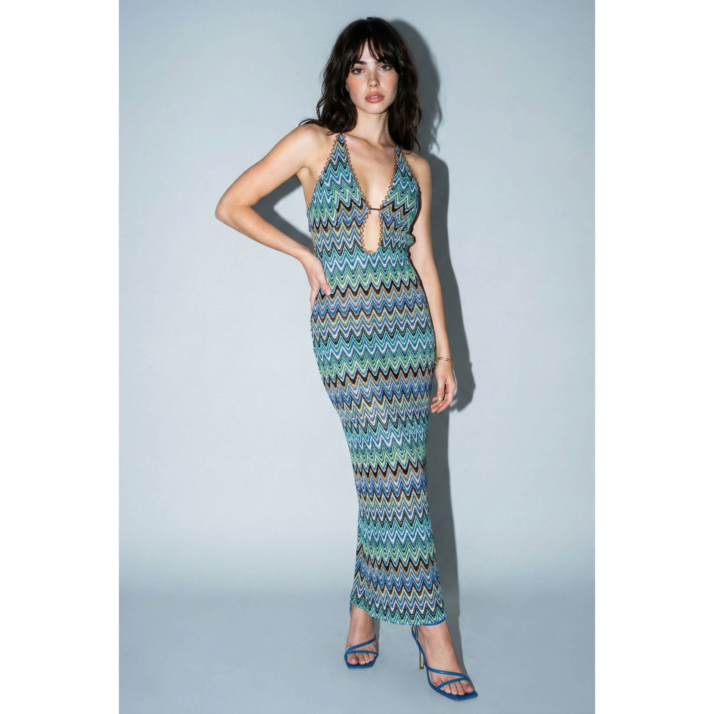 Chevron Print Plunge Halter Maxi Dress