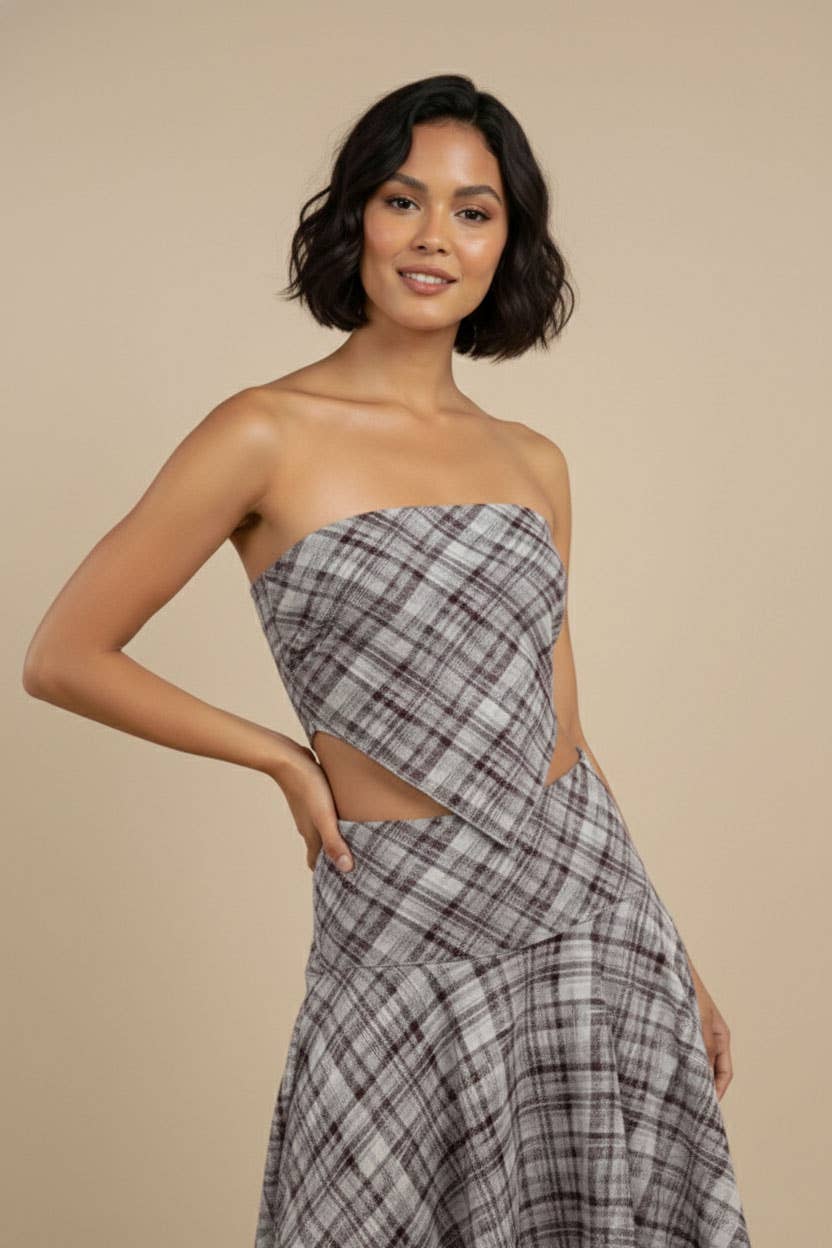 Plaid Strapless Top and Asymmetrical Skirt Set