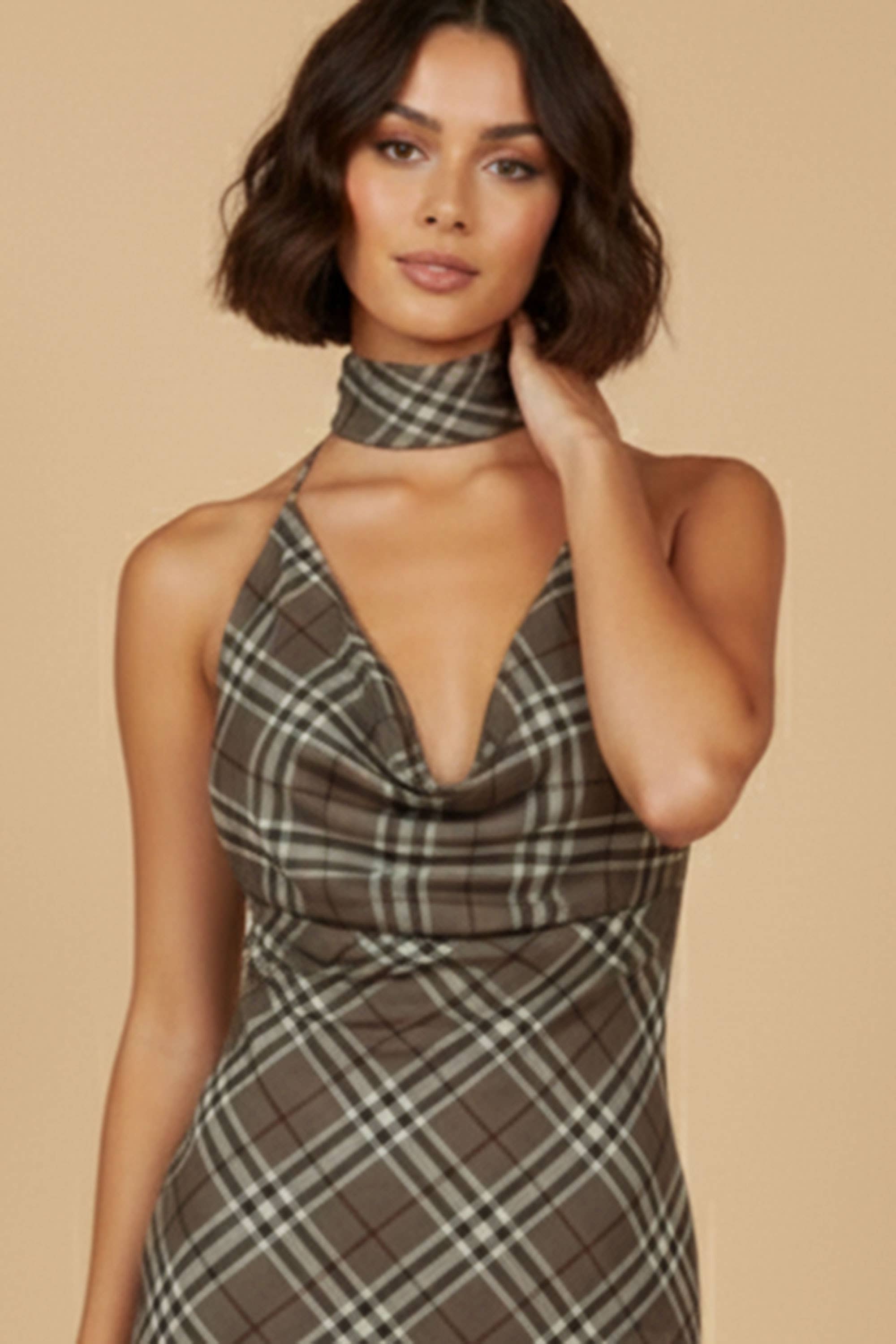 Spring Plaid Halter Maxi Dress