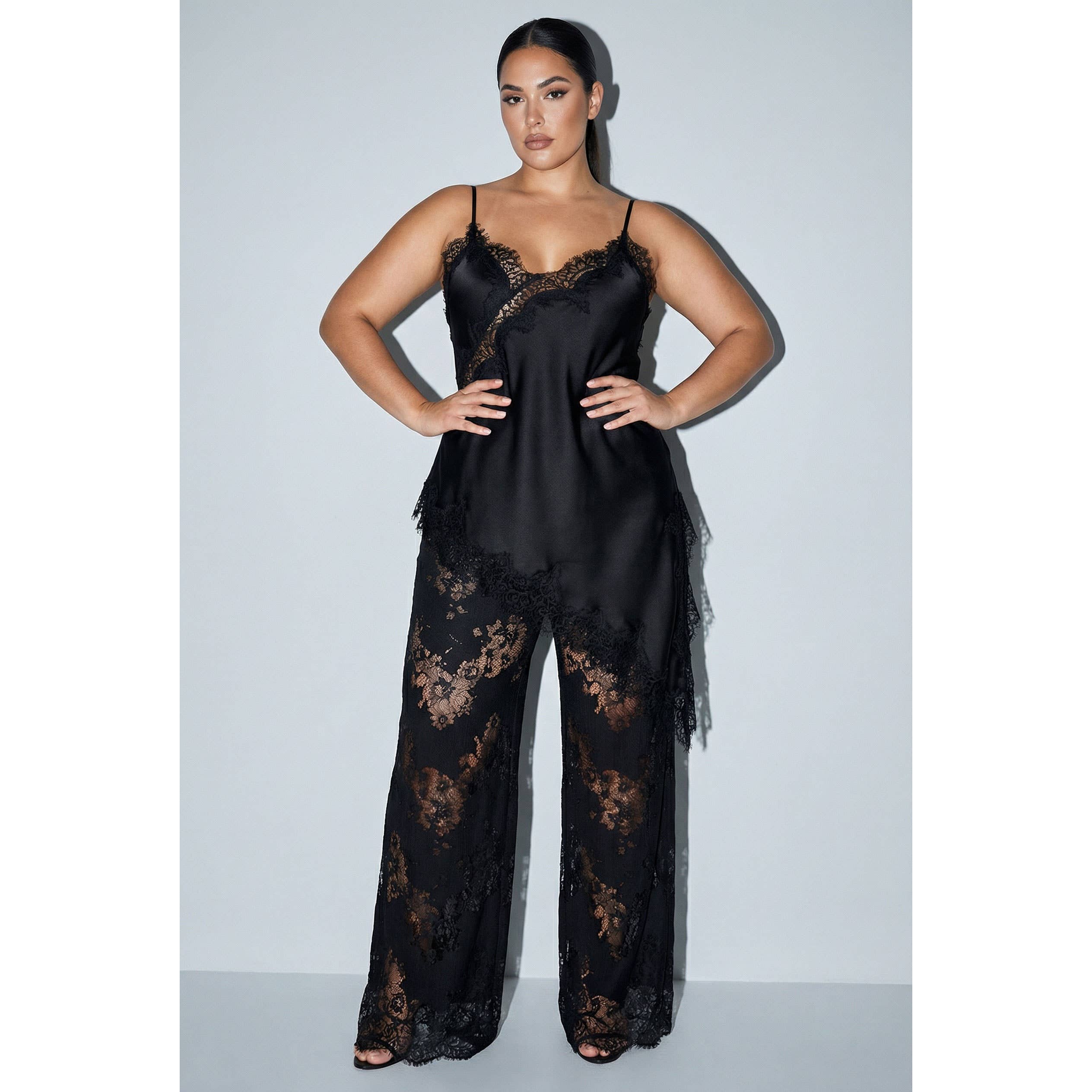 PLUS Satin Lace Trim Cami and Pants Set