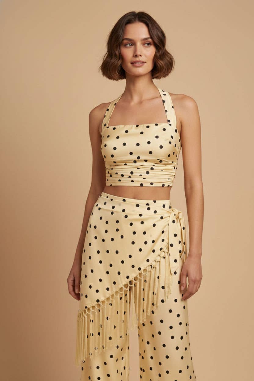 Polka Dot Halter Top and Fringe Pants Set